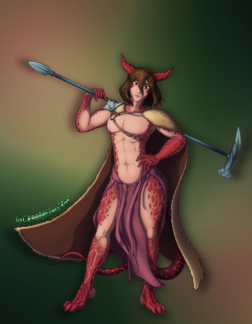 abs athletic athletic_male back_muscles biceps big_muscles big_pecs big_thighs brown_eyes brown_hair cloak clothing craaabe dragon dungeons_and_dragons loincloth_only nipples red_scales scales smile toned toned_body