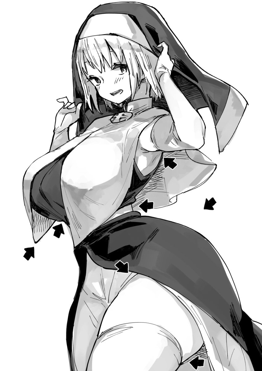 1girls achumuchi armpits ass big_breasts curvy enen_no_shouboutai fire_force hourglass_figure huge_breasts long_gloves monochrome nun nun's_habit short_hair sister_iris_(fire_force) sketch solo thick_thighs thighhighs