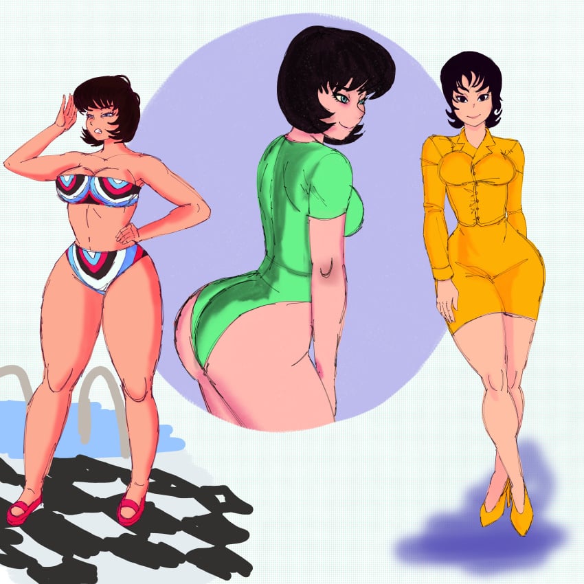 3girls bangs big_ass big_breasts bikini black_hair hands_on_knees high_heels huge_ass jucika masochistmaverick pencil_skirt pose short_hair smile smiling_at_viewer squinting suit swimwear tight_clothing yellow_clothing