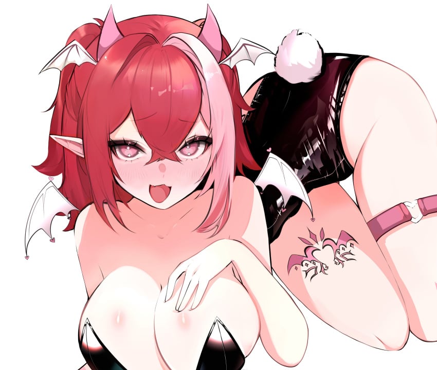 1girls blush breasts bunnysuit cherikko_(vtuber) eyebrows_visible_through_hair fake_rabbit_tail fake_tail female female_only head_wings hikirarina horns huge_breasts indie_virtual_youtuber light-skinned_female light_skin nose_blush open_mouth pink_eyes pointy_ears red_hair solo succubus succubus_horns virtual_youtuber wings