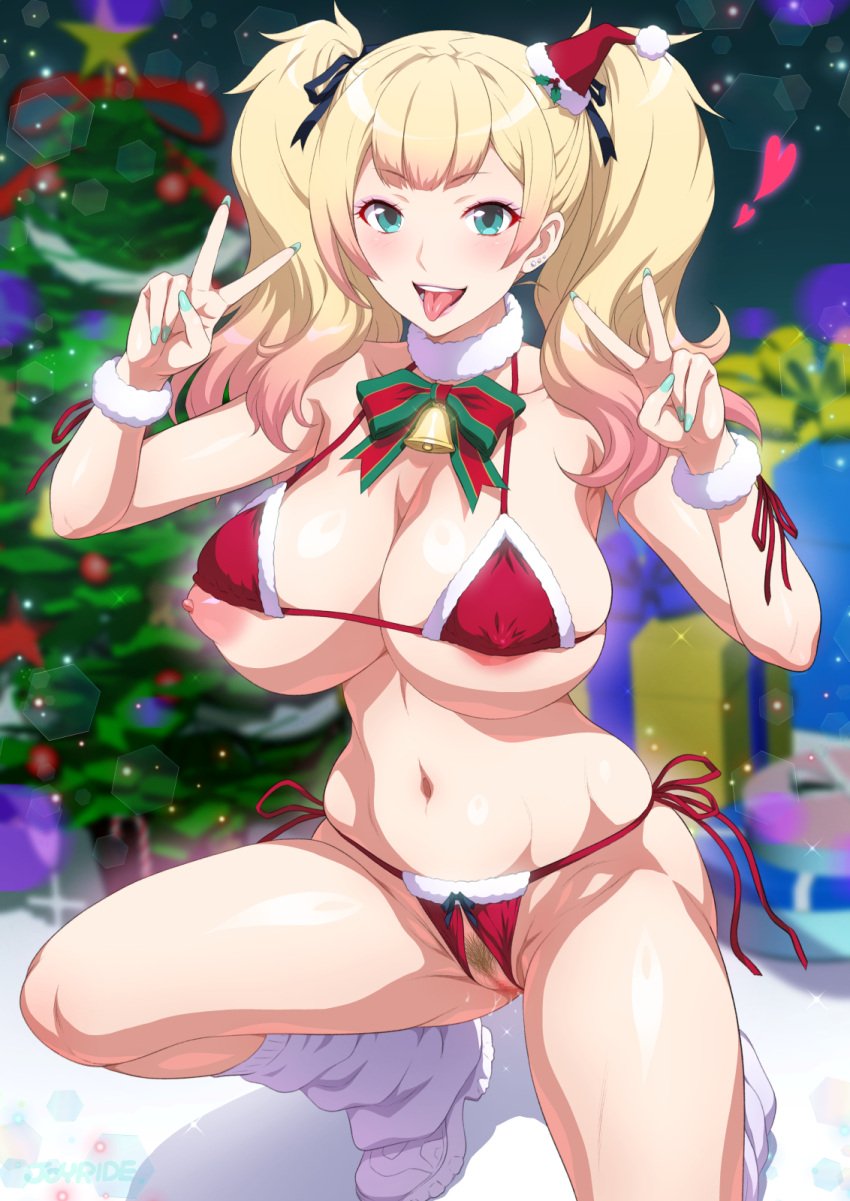 aqua_eyes bell bikini box breasts censored christmas christmas_present christmas_tree crotchless crotchless_bikini earrings female fur-trimmed_bikini fur-trimmed_headwear fur-trimmed_wrist_cuffs fur_trim gift gift_box gradient_hair gyaru halterneck hat heart highres holly huge_breasts jewelry jingle_bell jk_bitch_ni_shiboraretai joy_ride kneeling kogal long_hair loose_socks mini_hat mosaic_censoring multicolored_hair navel nipple_slip nipples open_mouth pussy red_bikini santa_bikini santa_hat side-tie_bikini_bottom skindentation smile socks solo swimsuit thighs tongue tongue_out twintails v white_socks yariko yariko_(jk_bitch_ni_shiboraretai)