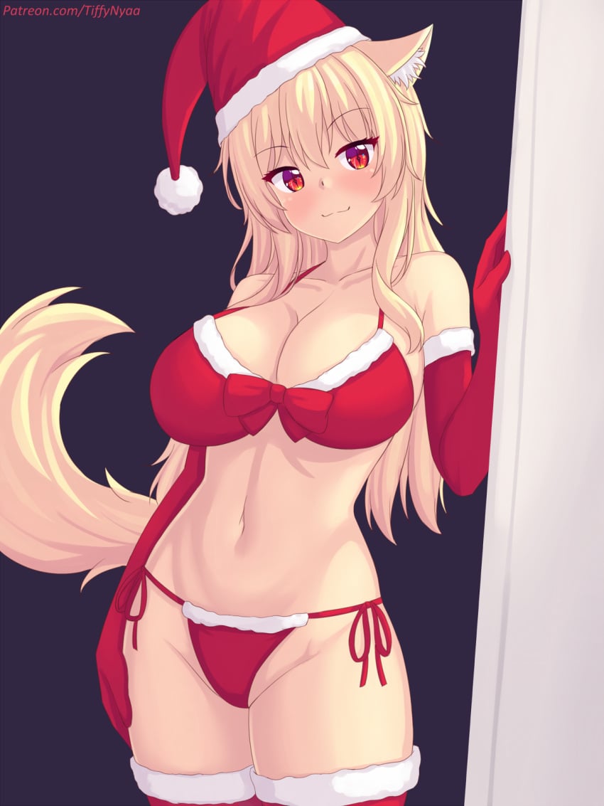 :3 blonde_hair bra cat_ears cat_tail christmas christmas_outfit fluffy_tail panties patreon patreon_username red_eyes stockings tiffy tiffynyaa