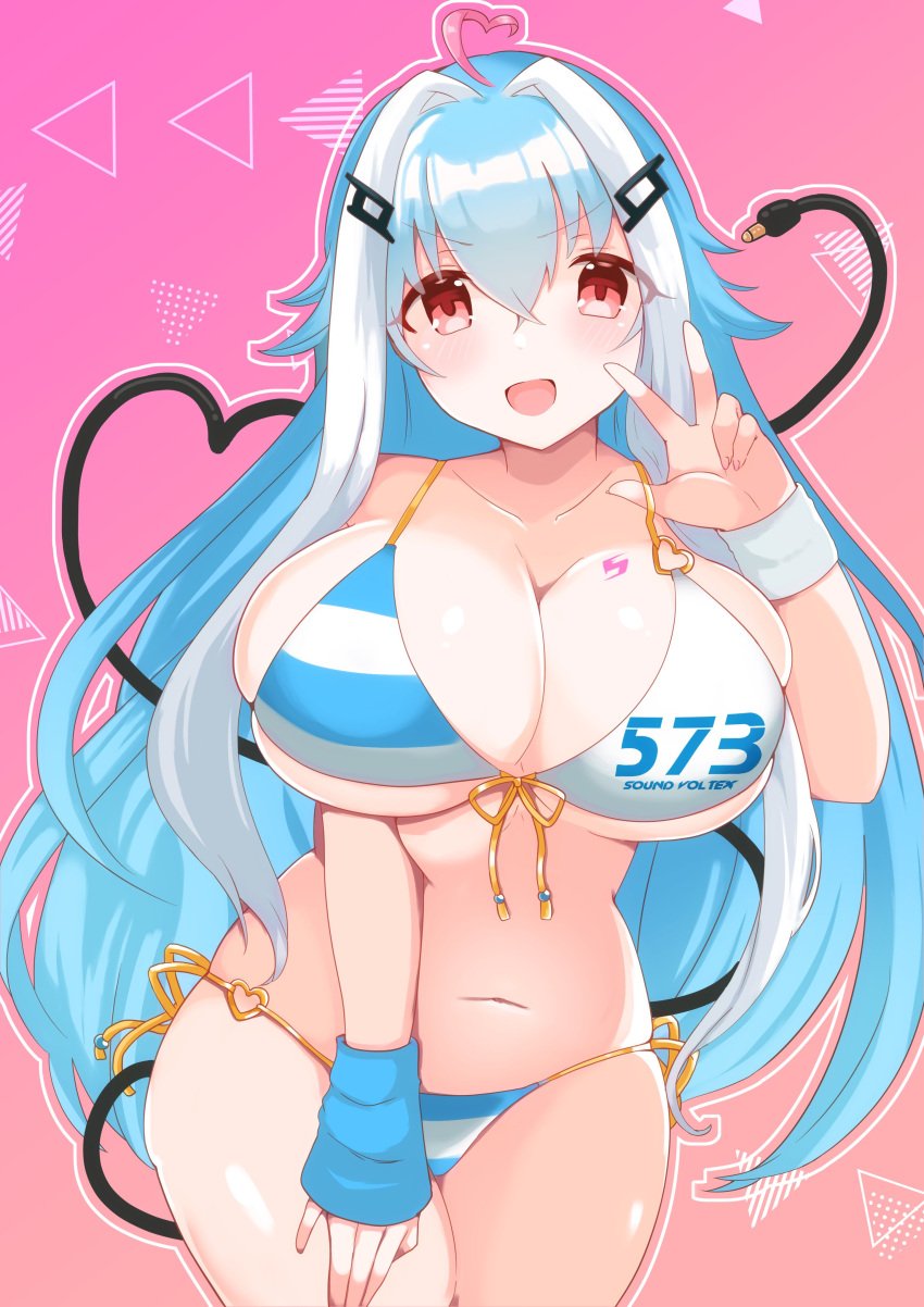 bemani bikini blue_archive breasts hand_on_thigh huge_breasts ichika_(blue_archive) konami navel round_breasts skindentation slender_waist small_waist spherical_breasts thick_thighs v wide_hips