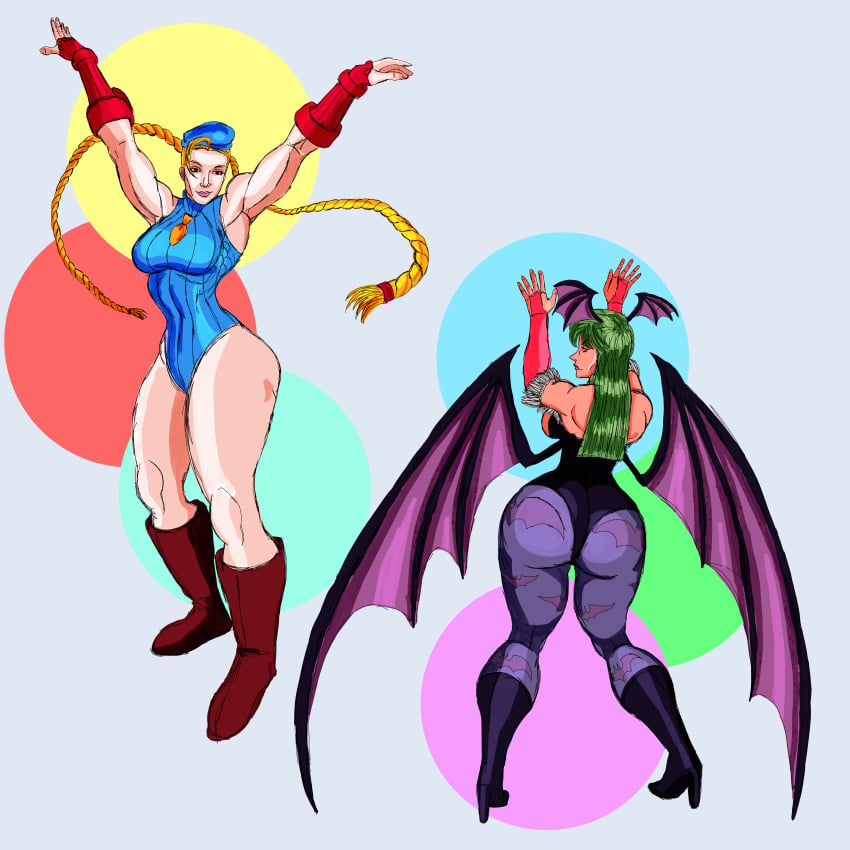 1:1 2girls absurd_res absurdres armpits ass ass_bigger_than_head bat_wings big_ass big_breasts blonde_hair boots breasts cammy_white capcom cleavage company_connection crossover darkstalkers female female_only green_hair hands_on_wall hands_up hat head_wings hi_res high_heels highres huge_ass large_ass leotard looking_back masochistmaverick morrigan_aensland multiple_girls muscular muscular_female pawg pose self_upload shaking_ass shaking_butt sideboob smile street_fighter thick_thighs thin_waist tights turtleneck twerking wings yellow_hair