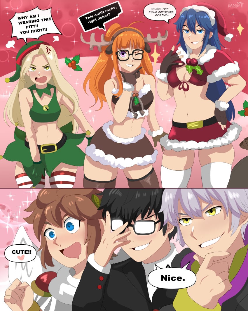 3boys 3girls absurd_res anger_vein angry_face black_hair blonde_hair blue_eyes blue_hair brown_hair christmas christmas_outfit crossover dialogue english_text female fire_emblem fire_emblem_awakening funny glasses karbuitt kid_icarus kid_icarus_uprising long_hair looking_at_viewer lucina_(fire_emblem) male nintendo orange_hair persona persona_5 pink_eyes pit_(kid_icarus) ren_amamiya robin_(fire_emblem) robin_(fire_emblem)_(male) sakura_futaba smiling smiling_at_viewer speech_bubble viridi white_hair wink winking_at_viewer yellow_eyes