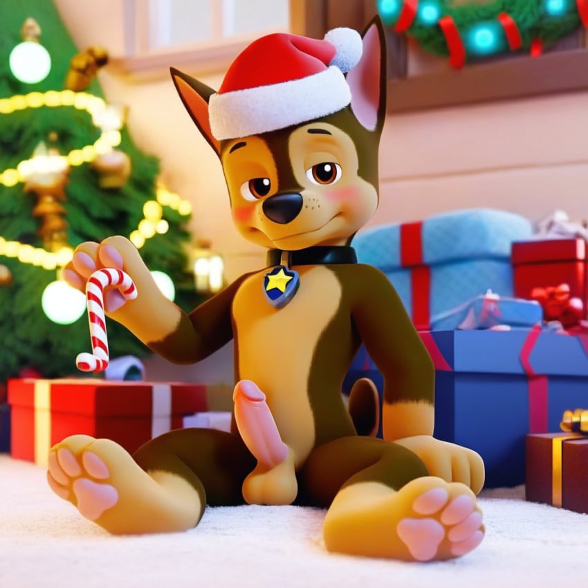 1boy ai_generated anthro balls brown_eyes chase_(paw_patrol) christmas christmas_background christmas_decorations christmas_hat christmas_presents christmas_tree dog_collar german_shepherd holding_candy_cane luxeraora10 male male_only paw_patrol penis solo_male tensor_art