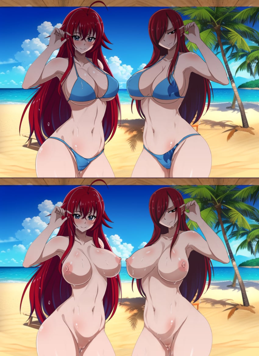 2girls beach big_breasts big_breasts big_breasts bikini blue_eyes breasts breasts breasts brown_hair erza_scarlet fairy_tail high_school_dxd large_breasts nipples nude nude_female pussy red_hair rias_gremory sea seaside smile the_amazing_gambit