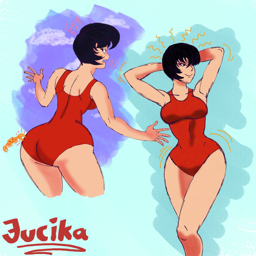 big_ass big_breasts crab hands_behind_head jucika looking_back masochistmaverick pinching_ass red_swimsuit short_hair smile swimsuit thin_waist voluptuous wide_hips