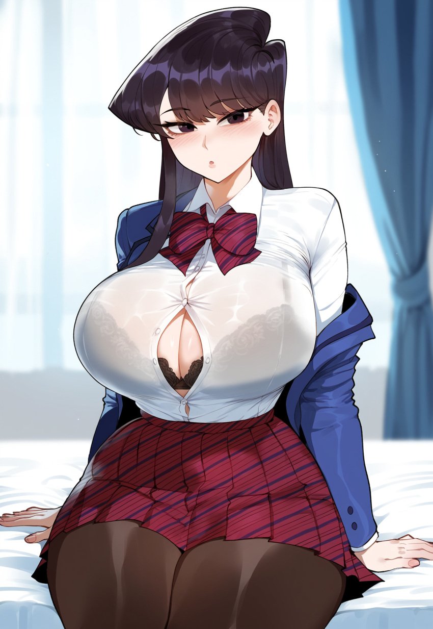 1girls ai_generated black_bra black_eyes black_hair bra bra_visible_through_clothes button_gap creamy_ai curvy curvy_female female female_only komi-san_wa_komyushou_desu komi_can&#039;t_communicate komi_shouko long_hair school_uniform solo tagme thiccwithaq_(ai_style)