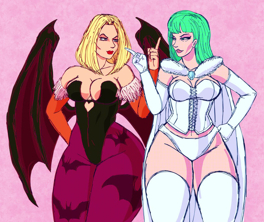 2girls alternate_costume bangs bat_wings big_breasts blonde_hair blue_eyes bob_cut breasts capcom cape cel_shading cleavage corset cosplay costume_switch crossover darkstalkers eastern_and_western_character emma_frost emma_frost_(cosplay) eye_bags female female_only gigantic_thighs green_hair huge_thighs juicy_thighs large_breasts leggings leotard marvel marvel_comics marvel_vs._capcom masochistmaverick morrigan_aensland morrigan_aensland_(cosplay) multiple_girls outfit_swap panties posing self_upload sideboob smile thicc_thighs thick_thighs thick_thighs_save_lives thigh thighhighs tights wings x-men