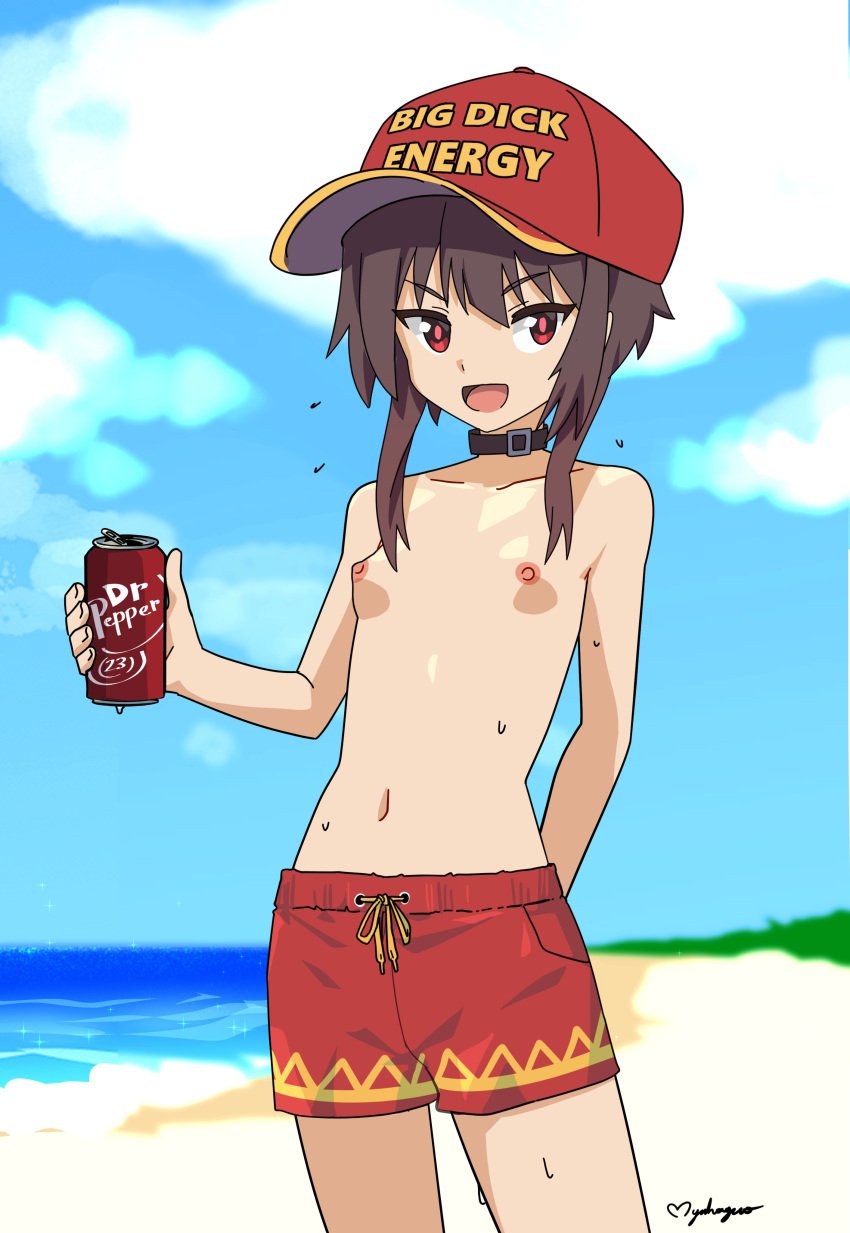 baseball_cap beach dr_pepper female hat hi_res kono_subarashii_sekai_ni_shukufuku_wo! maho_malice male_swimwear_challenge megumin short_hair shorts small_breasts soda solo swim_trunks swimsuit topless