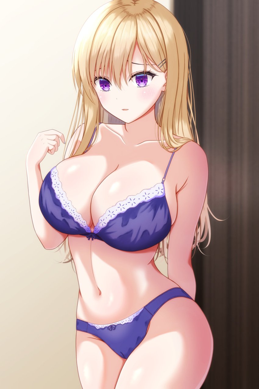 alternate_breast_size ayase_saki bare_arms bare_belly bare_legs bare_shoulders bare_thighs belly_button big_breasts blonde_hair blush body_blush bra breasts cleavage collarbone gimai_seikatsu indoors lace-trimmed_bra lace-trimmed_panties long_hair nabeshiita_(atsuryoku_nabe) panties parted_lips purple_bra purple_eyes purple_panties sideboob thighs underwear underwear_only