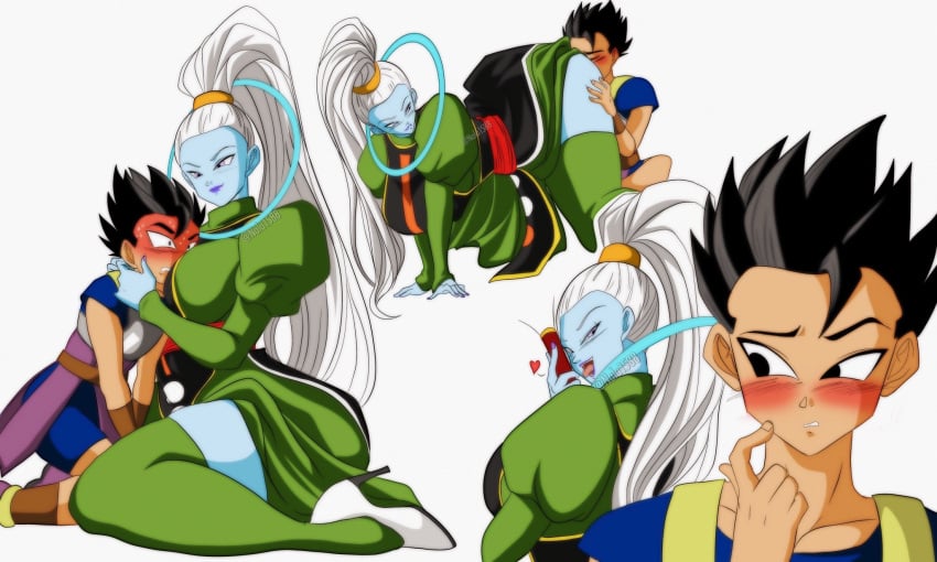 1boy 1girls angel_(dragon_ball) ass blush breast_smother breasts cabba clothing dragon_ball dragon_ball_super high_heels horny huge_breasts nala1588 ponytail shounen_jump size_difference smothering tagme thick_thighs vados