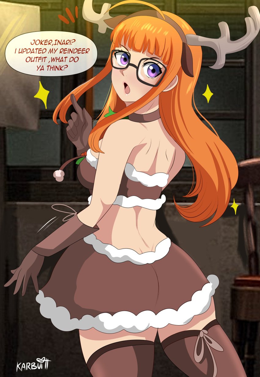 1girls absurd_res animal_ear_hairband choker christmas christmas_outfit deer_horns dialogue english_text fake_animal_ears fake_horns female female_only glasses gloves horns_hairband karbuitt long_hair looking_at_viewer looking_back looking_back_at_viewer orange_hair persona persona_5 purple_eyes rear_view sakura_futaba skirt solo speech_bubble stockings talking_to_viewer topwear