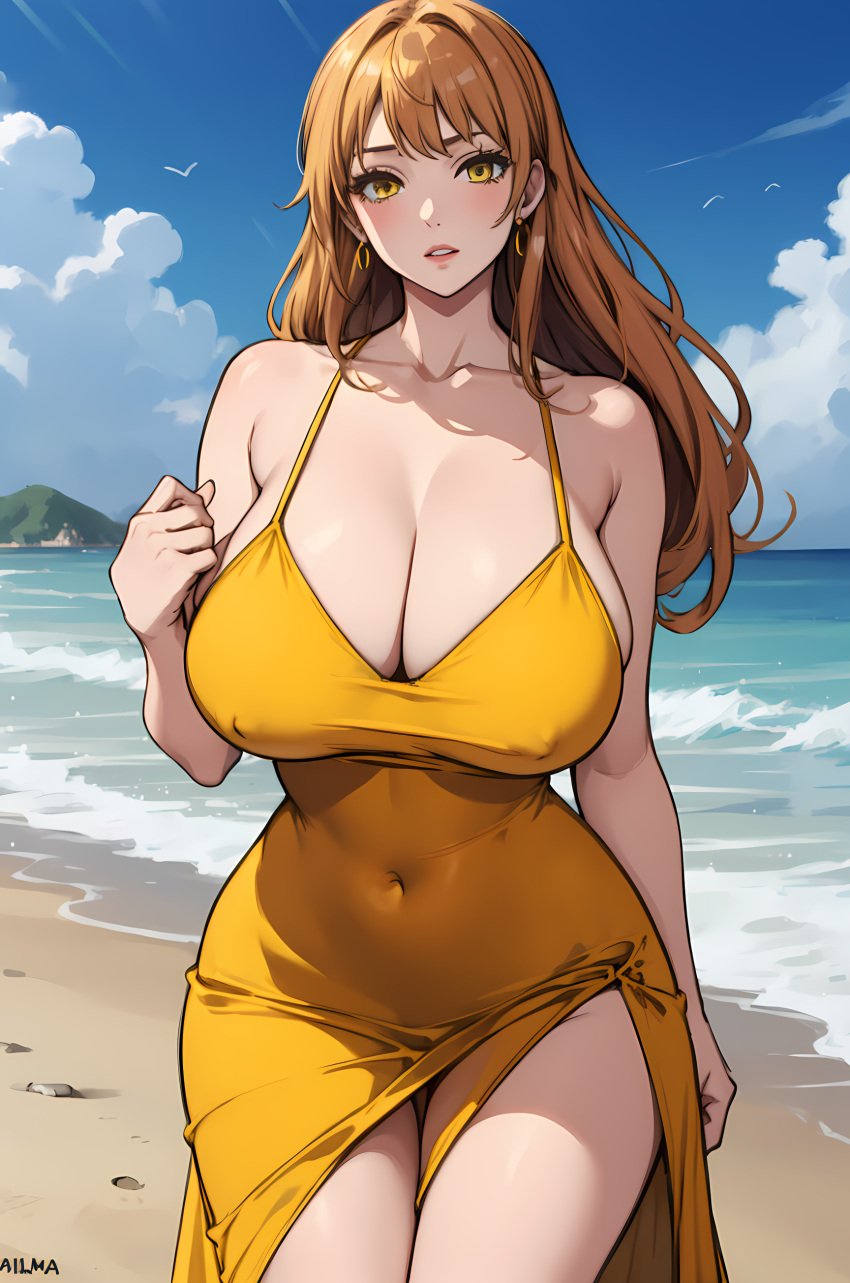 ai_generated big_breasts cleavage dress female female_only long_hair nami_(one_piece) one_piece orange_hair the_way_(artist) yellow_dress