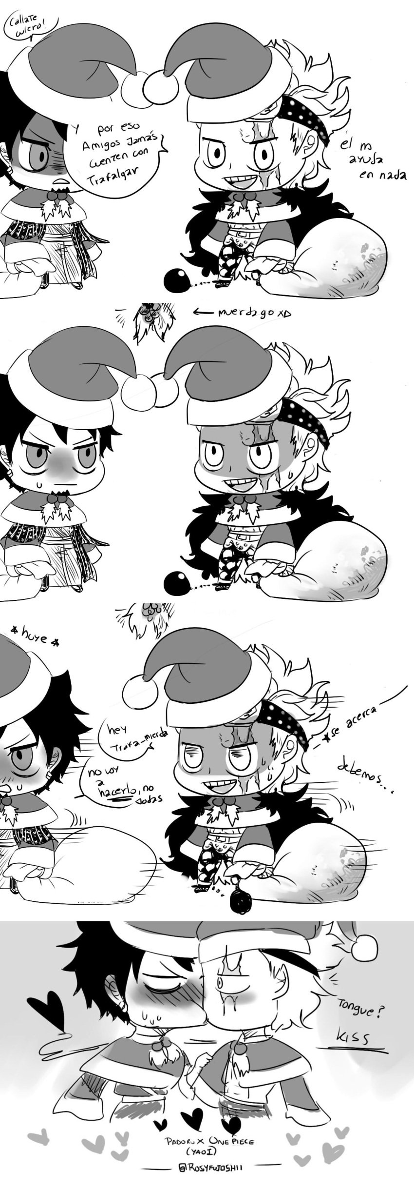 2boys black_hair blush eustass_kid gray_eyes hat male male_only meme monochrome one_piece padoru_(meme) rosy_fun santa_costume santa_hat short_hair smile trafalgar_law