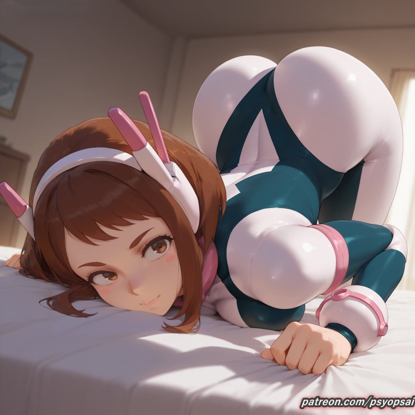 1girls ai_generated arched_back artist_name ass ass_focus big_ass big_breasts big_butt bodysuit booty breasts brown_hair bubble_butt close-up colored curvy digital_media_(artwork) female female_focus female_only fit_female from_below front_view large_breasts latex legs my_hero_academia ochako_uraraka psyopsai short_hair solo solo_focus thighs tight_clothing tight_fit uncensored uraraka_ochako uraraka_ochako_(hero_outfit) watermark