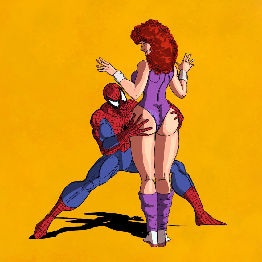 1boy 1girls arms_up big_ass canon_couple curly_hair grabbing_ass huge_ass leotard marvel mary_jane_watson masked_male masochistmaverick pawg pleasure_face red_hair smile spider-man superhero tight_clothing