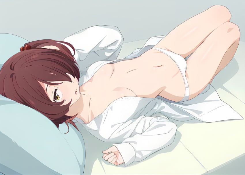 bare_belly bare_legs bare_thighs bed bed_sheet belly_button blush body_blush breasts brown_hair cleavage collarbone hair_over_one_eye knees_up komari_chika long_sleeves lying make_heroine_ga_oo_sugiru! marusankaku open_shirt panties panties_only parted_lips short_hair side_ponytail small_breasts thighs topless underwear white_panties yellow_eyes