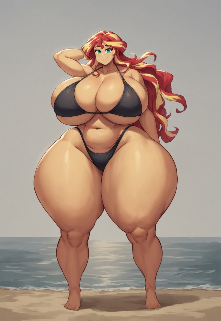 1girls ai_generated beach big_breasts big_thighs bikini curvy curvy_figure enormous_breasts green_eyes hands_behind_head hasbro huge_breasts huge_thighs hyper_breasts hyper_thighs large_breasts large_thighs massive_breasts my_little_pony my_little_pony_equestria_girls orange_body orange_skin red_hair sand sea semi_nude sunset sunset_shimmer thick thick_body thick_breasts thick_thighs thong two_tone_hair wide_hips yellow_hair