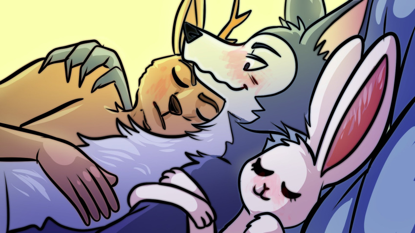 16:9 anthro anthro_on_anthro beastars beckabunss bisexual blush canid canine canis cervid cervine closed_eyes cuddling domestic_rabbit embracing female group haru_(beastars) hi_res humanoid_hands lagomorph legoshi_(beastars) leporid louis_(beastars) lying male male/female male/male mammal nude on_back oryctolagus rabbit red_deer romantic_polycule sleeping widescreen wolf yaoi