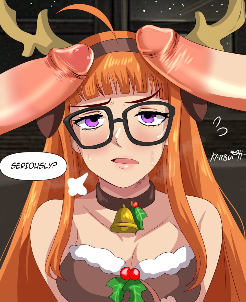 1girls 2boys animal_ear_hairband blush christmas christmas_outfit collar deer_horns dialogue english_text fake_animal_ears fake_horns female female_focus glasses horns_hairband karbuitt long_hair looking_at_viewer male neck_bell orange_hair penis persona persona_5 purple_eyes sakura_futaba speech_bubble tuft very_high_resolution