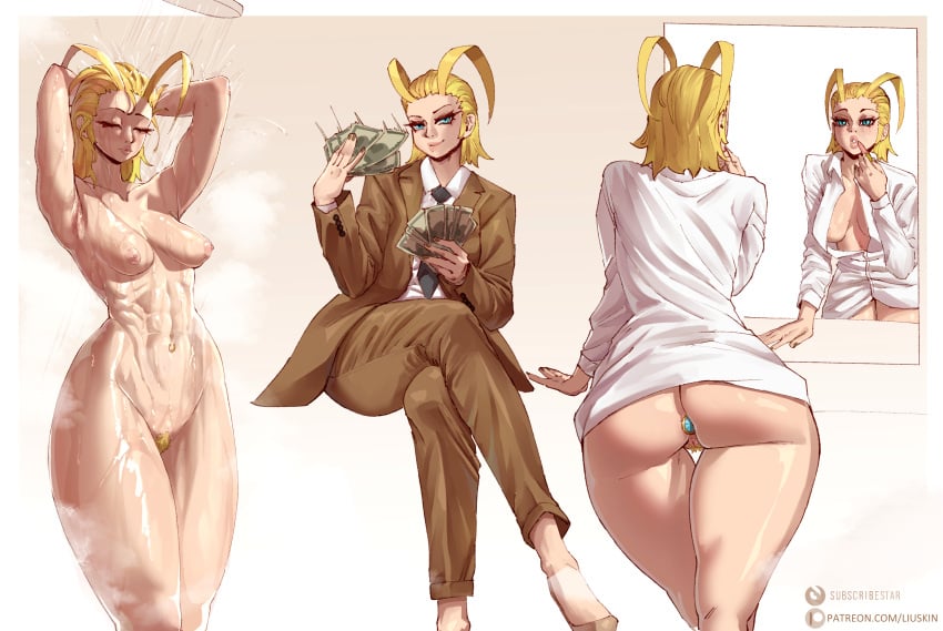 abs absurdres antenna_hair arms_up artist_name ass banknote black_necktie blonde_hair blonde_pubic_hair blue_eyes bottomless breasts brown_jacket brown_pants butt_plug closed_eyes collared_shirt commentary commission crossed_legs english_commentary female female_pubic_hair highres holding holding_money jacket jewel_butt_plug kingdom_hearts larxene liuskin medium_breasts mirror money multiple_views navel necktie nipples pants patreon_logo patreon_username pubic_hair reflection sex_toy shirt shower_head showering sitting subscribestar_logo web_address white_shirt