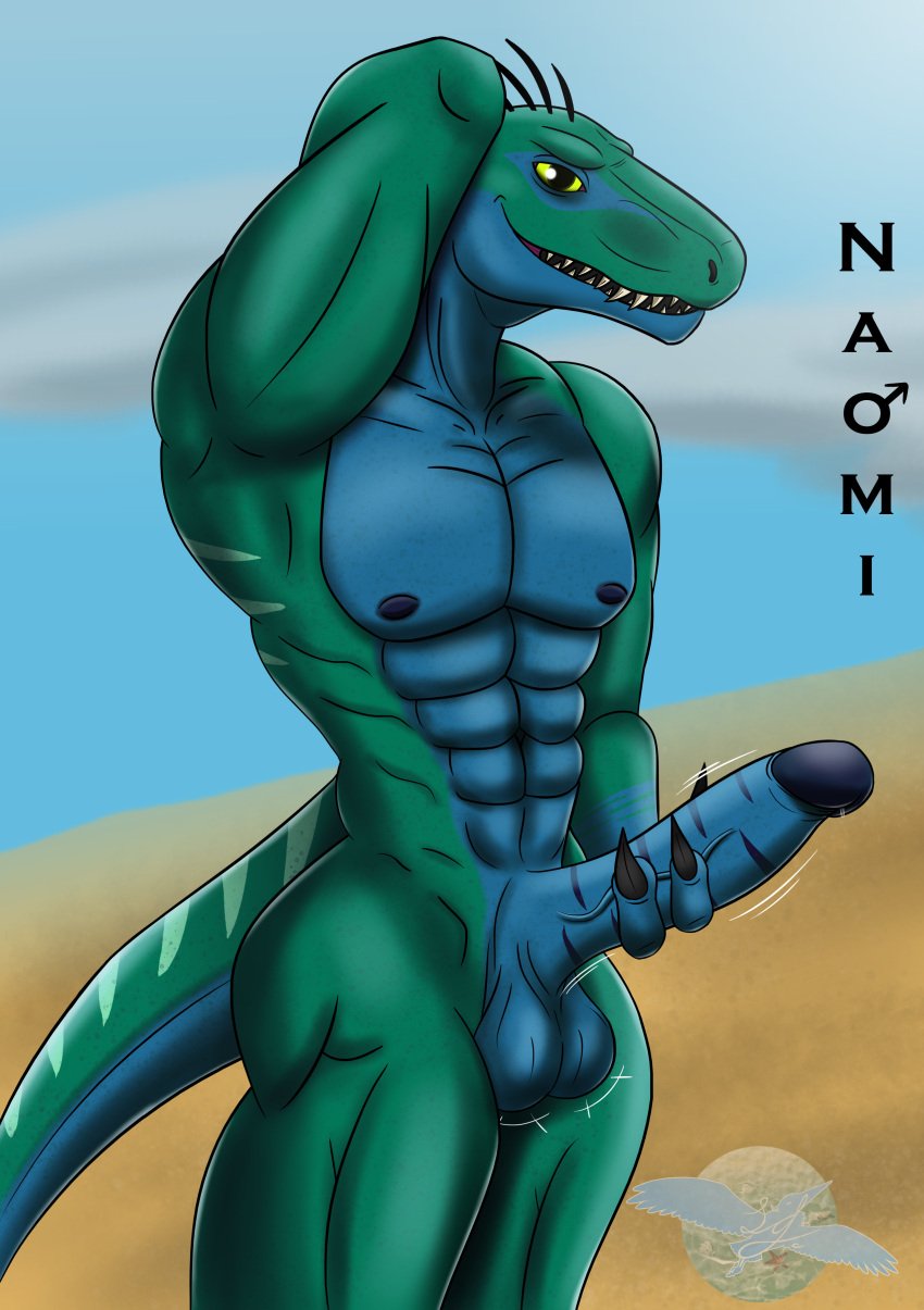 abs absurd_res anthro balls beach big_balls big_penis blue_body blue_markings blue_nipples blue_stripes bodily_fluids claws cloud ftm_crossgender gender_symbol genital_fluids genitals green_body green_eyes green_stripes herrerasaurus hi_res humanoid leaking_precum lindwormduality male male_symbol markings masturbation muscular muscular_male naomi_(lindwormduality) navel nipples nude outside penis pose precum quills_(anatomy) rule_63 sharp_teeth solo striped_body stripes symbol teeth text