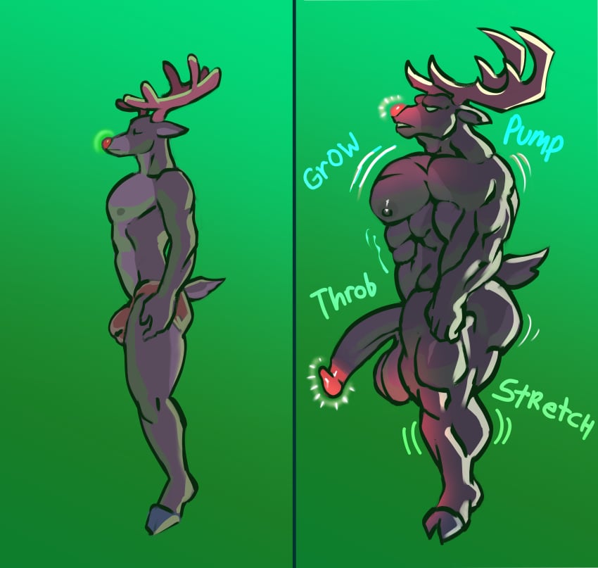 absurd_res anthro antlers before_and_after big_penis bound closed_eyes clothing deer digital_media_(artwork) encasement floating genitals glowing glowing_genitalia glowing_nose glowing_penis green_background growth growth_lines growth_sequence hi_res hooves horn humanoid male mammal muscle_growth muscle_size_difference muscular new_world_deer onomatopoeia penis pupils reindeer rudolph_the_red-nosed_reindeer scut_tail short_tail simple_background solo sound_effects stasis_chamber stasis_tank tail text tiburalgo time_skip transformation two_panel_image underwear vat white_pupils