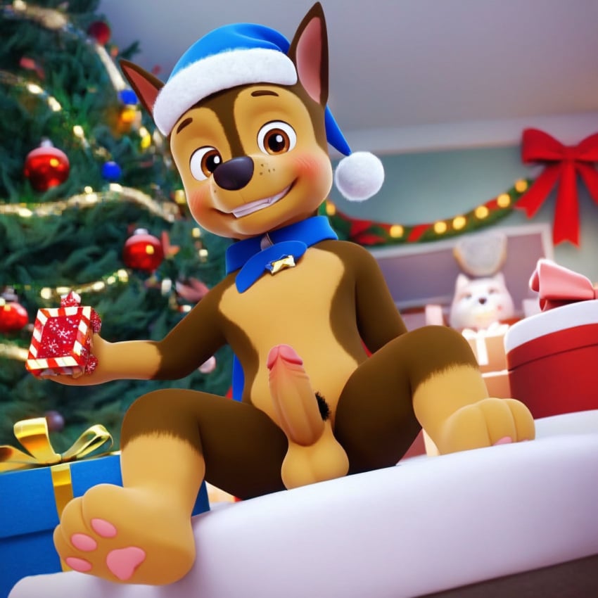 1boy ai_generated anthro balls brown_eyes chase_(paw_patrol) christmas christmas_background christmas_decorations christmas_hat christmas_presents christmas_tree dog_collar german_shepherd holding_present luxeraora10 male male_only paw_patrol penis solo_male tensor_art