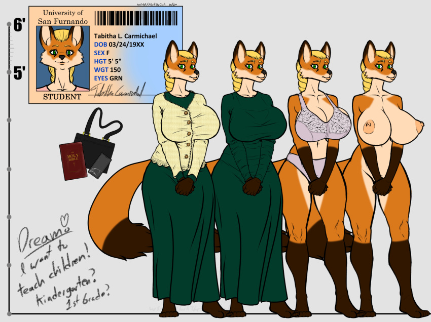 anthro big_breasts braided_hair braided_ponytail breasts canid canine college_student curvy_figure female fox hair mammal model_sheet solo tabitha_(wsad) wsad_(artist)