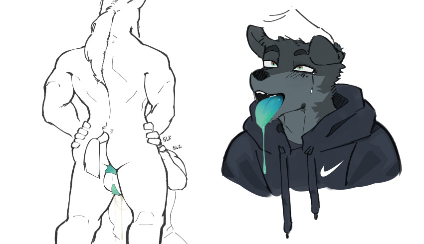 absurd_res anthro ass balls canid canine canis clothing duo equid equine fellatio genitals goon_(goonie_san) goonie-san hand_on_head head_pat hi_res hoodie horse implied_fellatio implied_oral long_tongue male mammal nude oral penile sex sweater tongue tongue_out topwear wolf yaoi