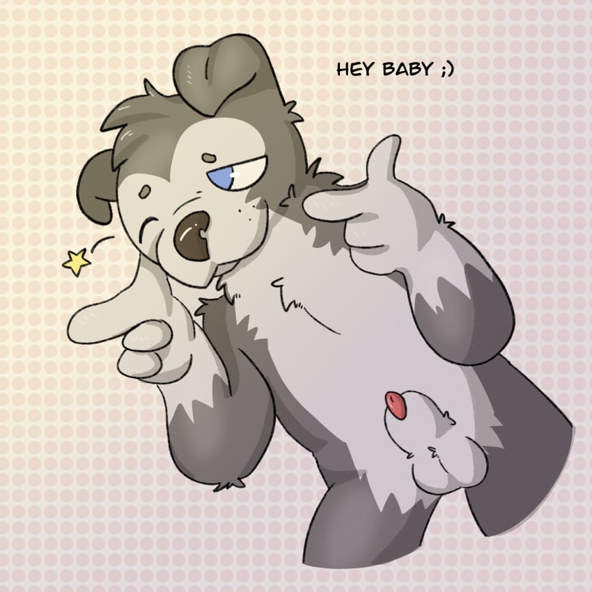 1:1 animal_genitalia animal_penis anthro balls biped canid canine canis cottongryph digital_drawing_(artwork) digital_media_(artwork) domestic_dog english_text finger_gun fully_sheathed fur furry genitals gesture grey_body grey_fur hi_res looking_at_viewer male mammal nude one_eye_closed penis sheath simple_background smile solo standing text wink winking_at_viewer