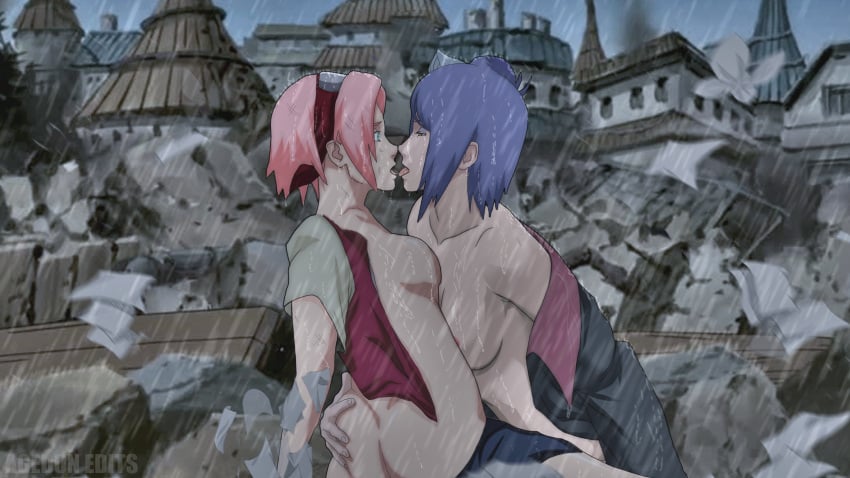 2girls age_difference agedon ass_grab blue_hair female female_only forced green_eyes kissing konan multiple_girls naruto naruto_(series) naruto_shippuden orange_eyes pink_hair rain raining sakura_haruno saliva tongue tongue_kiss tongue_out yuri