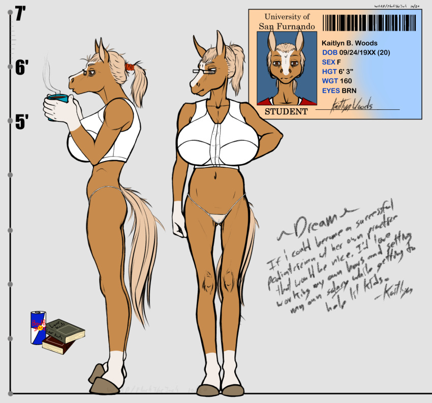 anthro big_breasts breasts clothing college_student english_text equid equine female genitals hair hi_res horse huge_breasts kaitlyn_(wsad) mammal model_sheet ponytail pussy skinny solo text translucent translucent_clothing wsad_(artist)