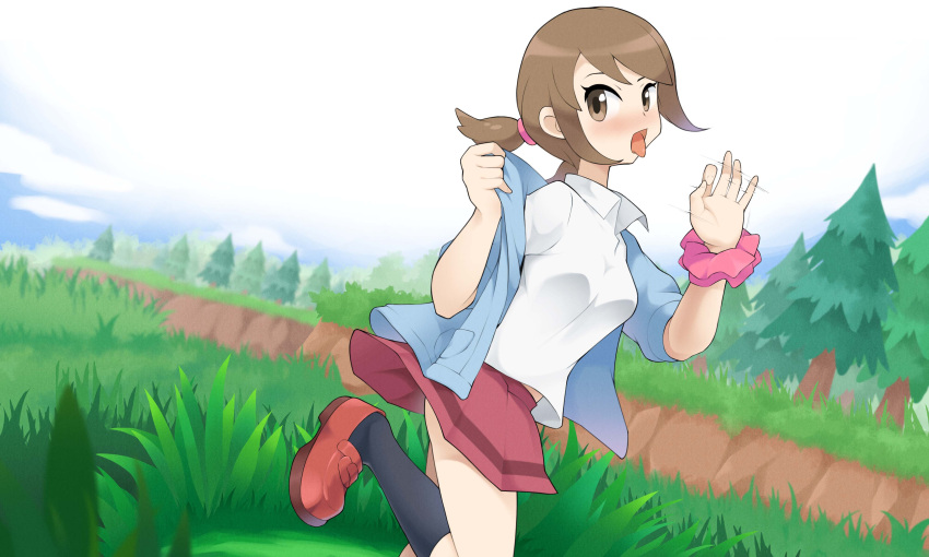 1girls blush bottomless bottomless_skirt bracelet brown_eyes brown_hair clothing fellatio_gesture female female_only gameplay_mechanics gesture hair_tie lass_(pokemon) lass_(pokemon_oras) long_hair nintendo npc_trainer open_mouth outdoors outside philipposter pokemon pokemon_battle pokemon_oras pokemon_rse prostitution red_skirt scrunchie sexually_suggestive shirt short_hair skirt solo upskirt white_shirt