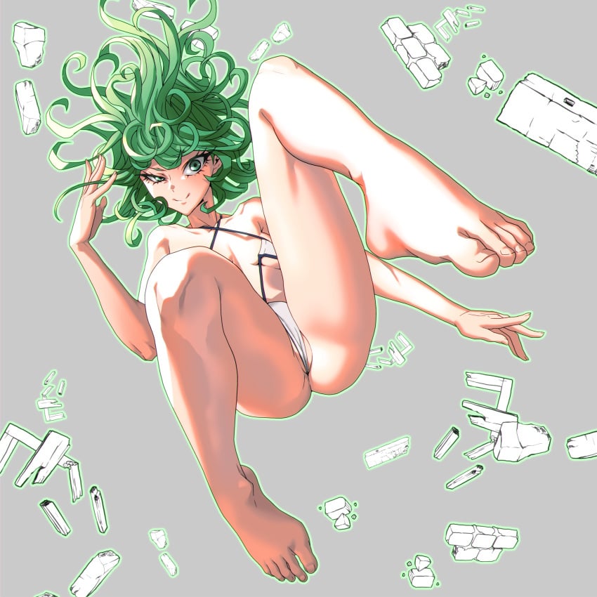 1girls ass bare_legs bare_shoulders barefoot bikini curly_hair don_(rg06268) feet female female_only floating green_eyes green_hair micro_bikini one-punch_man partially_visible_vulva short_hair sling_bikini smile solo spread_legs swimsuit tatsumaki thighs toes underboob