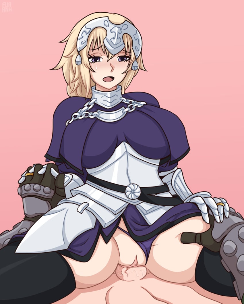 1boy 1girls armor armored_dress armored_gloves blonde_hair blue_eyes blue_panties blush cowgirl_position crossover doom doom_slayer_(doom) eastern_and_western_character fate/apocrypha fate_(series) female furanh hair_ornament happy_sex headpiece husband husband_and_wife interlocked_fingers jeanne_d'arc_(fate) large_breasts looking_at_viewer looking_pleasured male male/female male_pov open_mouth panties panties_aside pov pussy ring straight straight_sex thighhighs thighs vaginal_penetration vaginal_sex wedding_ring wife