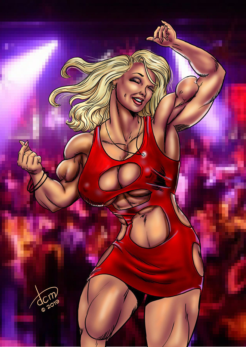 abs belly_button biceps big_breasts blonde_hair bodycon boob_window bracelet closed_eyes dancer dancing dcmatthews dress earring female_only huge_breasts muscles muscular_arms muscular_female muscular_legs necklace nipples original_character party pixel pixel_art red_dress satin_steele signature smile solo_female superheroine