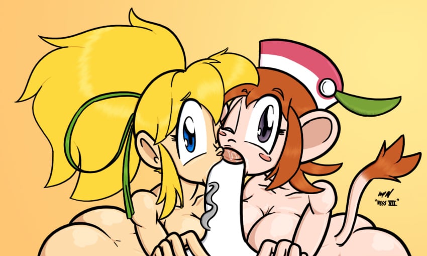 1boy 2girls ass blonde_hair blue_eyes breasts collaborative_fellatio double_fellatio fellatio hat klonoa_(series) lolo_(klonoa) mega_man mega_man(classic) multiple_girls nessvii nude penis pov roll straight tail teamwork