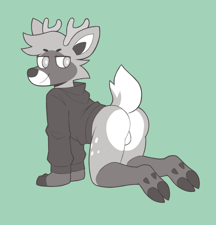 anthro antlers arcadepup ass balls bottomless cervid clothed clothing furry genitals hi_res hoodie hooves horn kodiak_(arcadepup) looking_back male mammal smile solo topwear