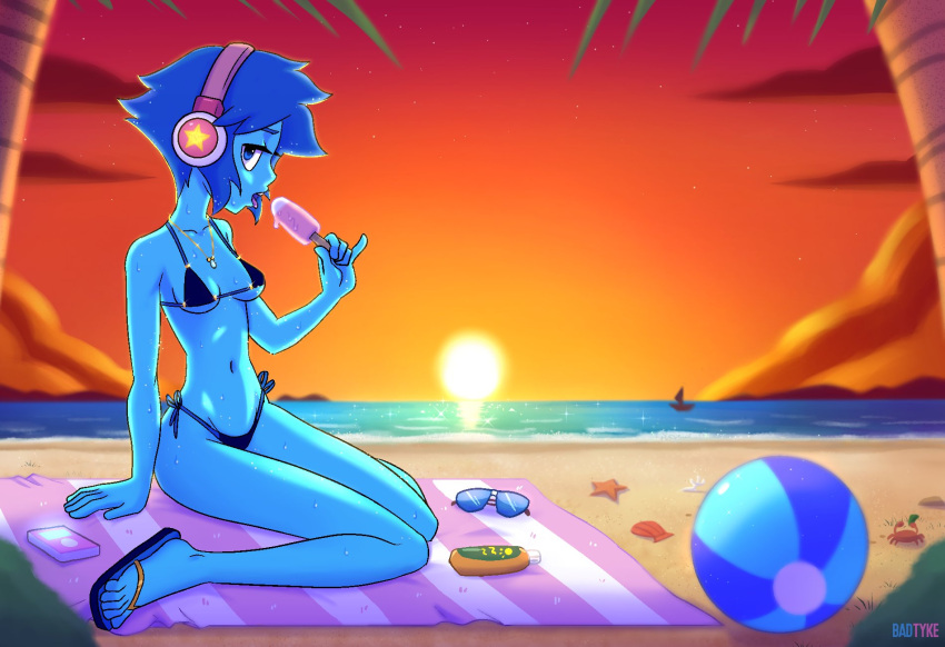 1girls alien alien_girl alien_humanoid bad_tyke_(artist) badtyke beach beach_ball beach_towel bikini blue_bikini blue_body blue_eyes blue_female blue_hair blue_skin cartoon_network female female_only gem_(species) headphones headphones_on_head lapis_lazuli_(steven_universe) looking_at_viewer popsicle sandals sitting solo steven_universe suggestive_look suggestive_pose suggestive_posing sunglasses sunset swimsuit wet wet_body wet_skin