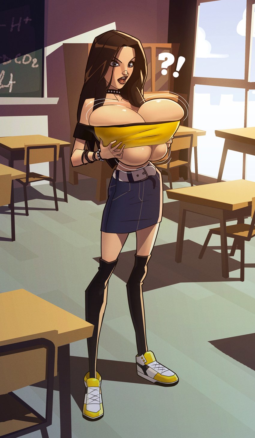 1girls balsamique breast_expansion brown_hair bursting_breasts busty classroom clothing expansion expansion-fan-comics female gigantic_breasts legs lips lipstick no_bra original shoes slim surprised tight_clothing tight_fit underboob upper_body voluptuous