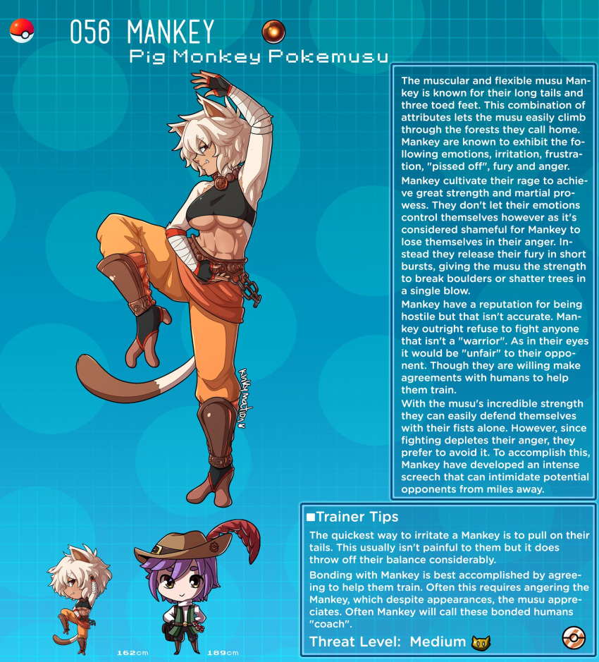 abs creature_index english_text female highres humanized kinkymation mankey monkey nintendo page_56 page_number pokémon_(species) pokemon pokemon-girl_encyclopedia pokemon_rgby pokemorph pokemusu profile standing text text_box underboob