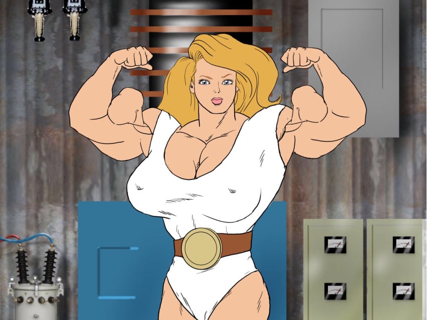 abs belt biceps big_breasts blue_eyes costume dcmatthews dyna_(dcmatthews) female_only flexing flexing_arms flexing_bicep huge_breasts laboratory melissa_lockhart muscular_arms muscular_female nipples orange_hair original_character solo_female strawberry_blonde_hair strength superheroine