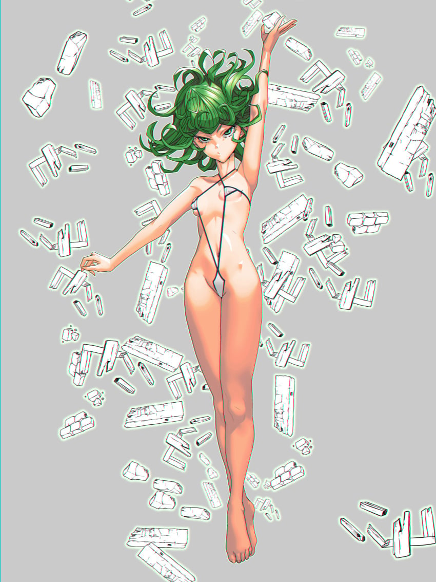 1girls arm_up armpits bare_legs bare_shoulders barefoot bikini curly_hair don_(rg06268) feet female female_only floating green_eyes green_hair micro_bikini navel one-punch_man short_hair sling_bikini solo swimsuit tatsumaki thighs underboob