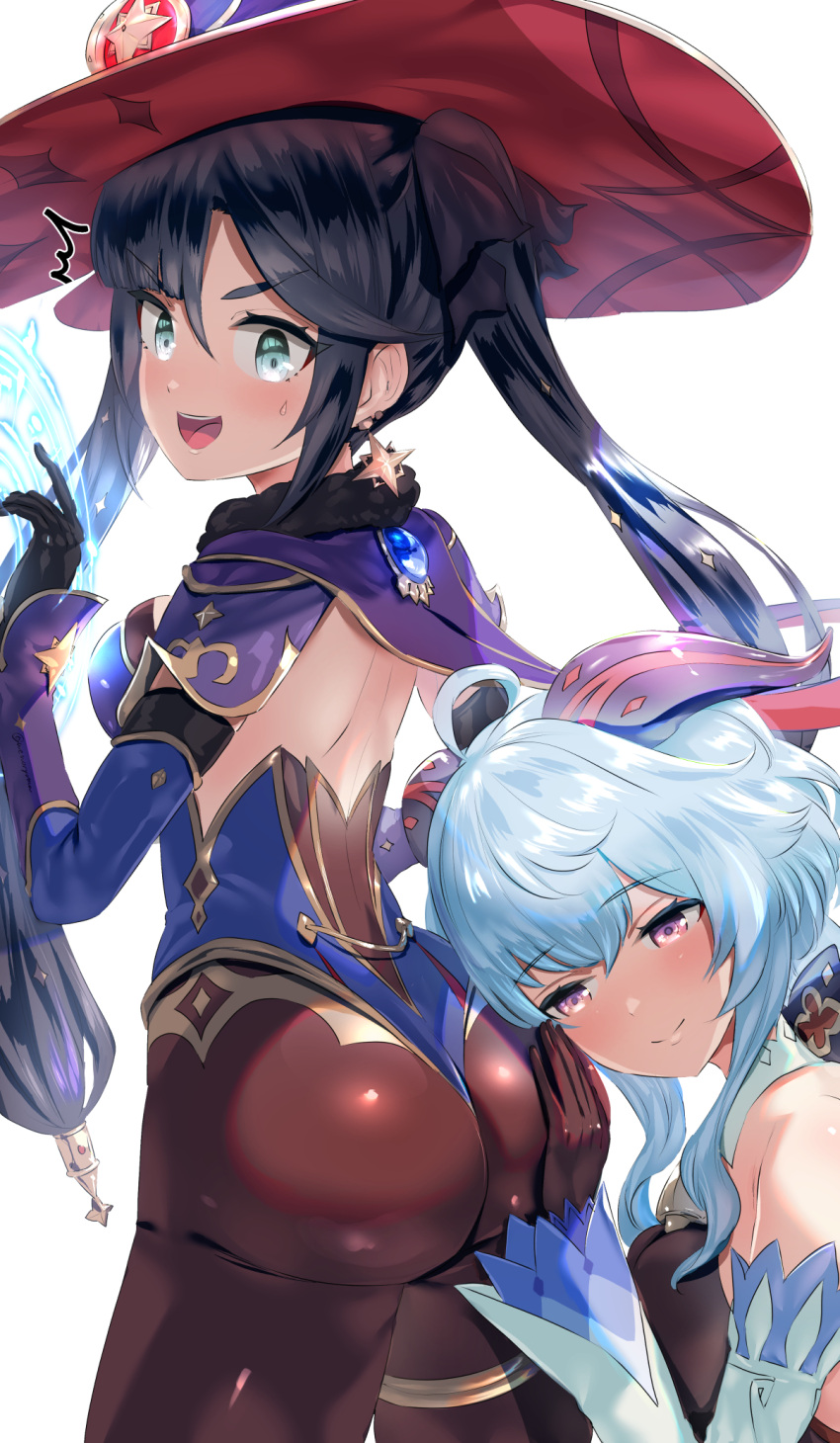 2girls ahoge ass ass_pillow bare_shoulders black_hair blue_hair blush breasts cape come_hither detached_sleeves elbow_gloves embarrassed female female_face_near_ass female_only from_behind ganyu_(genshin_impact) genshin_impact gloves green_eyes hair_ornament hair_ribbon hand_on_ass hat head_on_ass highres huge_ass human leotard long_hair looking_at_viewer looking_back looking_down mona_(genshin_impact) multiple_girls naughty_face open_mouth pantyhose purple_eyes ribbon shiny shiny_clothes shiny_hair shiny_pantyhose shiny_skin smile surprised twintails uenoryoma very_long_hair vision_(genshin_impact) yuri