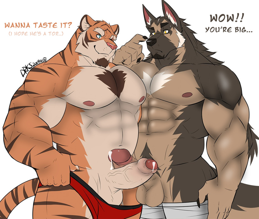 abs anthro anthro_only azaghal_(character) bara big_penis boner canine dialogue drks feline furry furry_only gay kemono large_penis male_only muscle muscles muscular muscular_male patrick_(drks) pecs penis text tiger wolf yiff