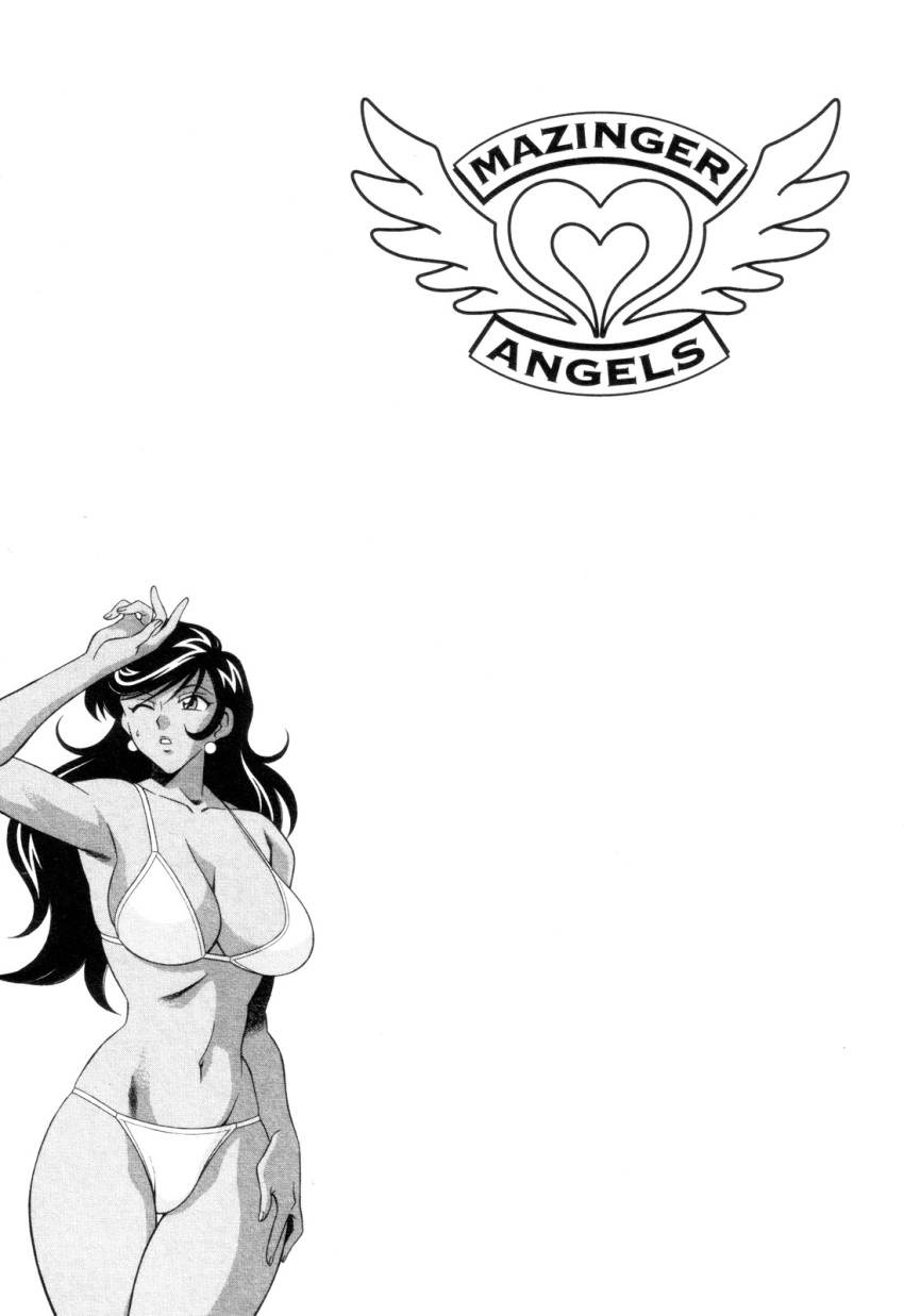 00s 1girls bikini black_hair breasts dark_skin earrings female great_mazinger human jun_hono large_breasts logo long_hair mazinger mazinger_angels niina_akihiko wavy_hair white_bikini