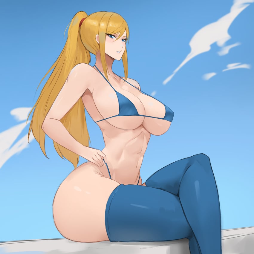 1girls 2d abs alternate_version_available ass big_ass big_breasts big_butt bikini bikini_top bimbo blonde_hair blue_bikini blue_eyes boobs breasts butt female female_only high_resolution highres kisou light-skinned_female light_skin long_hair metroid muscles muscular muscular_female nintendo pale-skinned_female pale_skin samus_aran solo stockings tagme thick_thighs thighhighs thighs tits toned toned_female